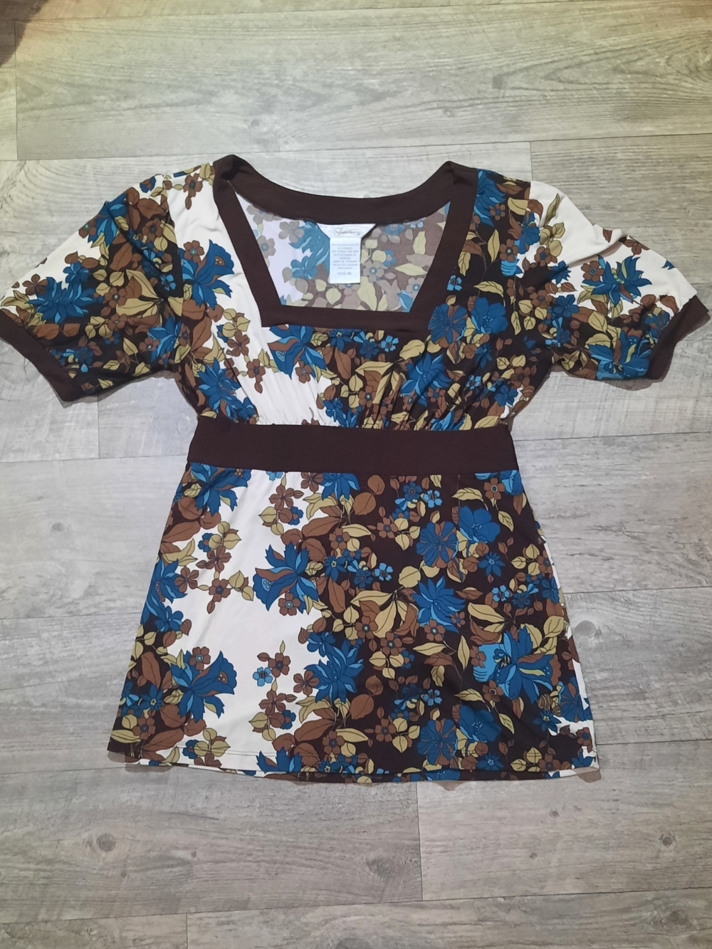 Speechless Blue and Brown Floral Empire-Waist Top
